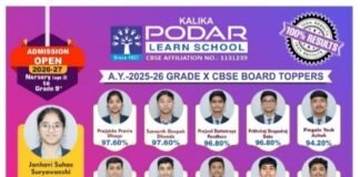 कालिका पोदार लर्न स्कूलचा 100% निकाल तीन तालुक्यांत जान्हवी सूर्यवंशी प्रथम प्रवेश प्रक्रिया सुरू