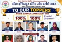 इंदिरा इन्स्टिट्यूट कॉलेज ऑफ फार्मसी, साकतचा डी. फार्मसी परीक्षेचा १०० टक्के निकाल